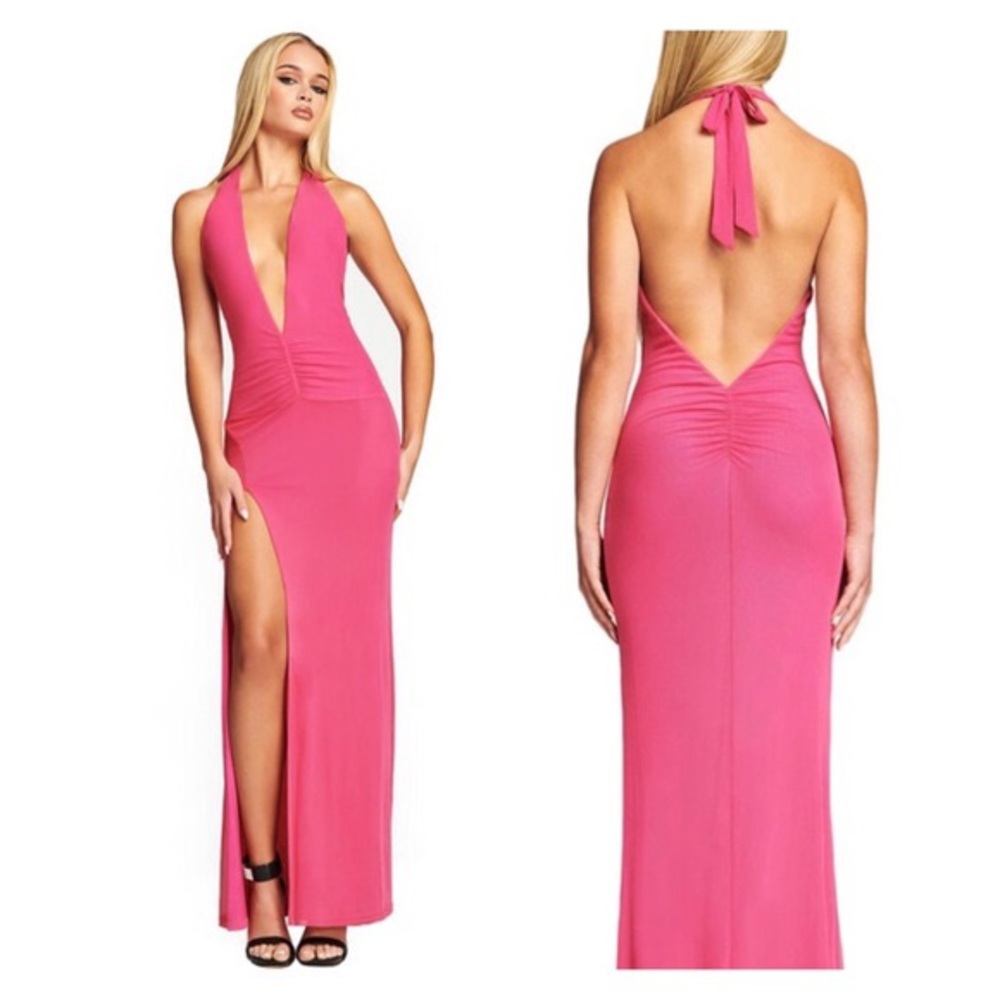 I.AM.GIA Aoife Pink Mesh Plunge Ruched Halter Maxi Dress Medium